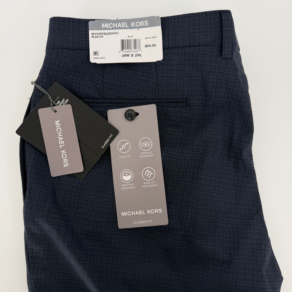 Michael Kors Marvin Navy Blue Plaid Classic Fit Dress Pants Mens Size 38X29L NWT